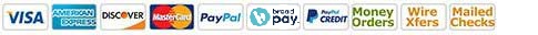Accepted payment logos: Visa, American Express, Discover, MasterCard, PayPal, Bread Pay, PayPal Credit, Money Orders, Wire Transfers, Mailed Checks