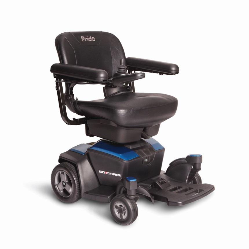 Pride Go Chair Travel/Portable Power Wheelchair in Sapphire Blue from SpinLife